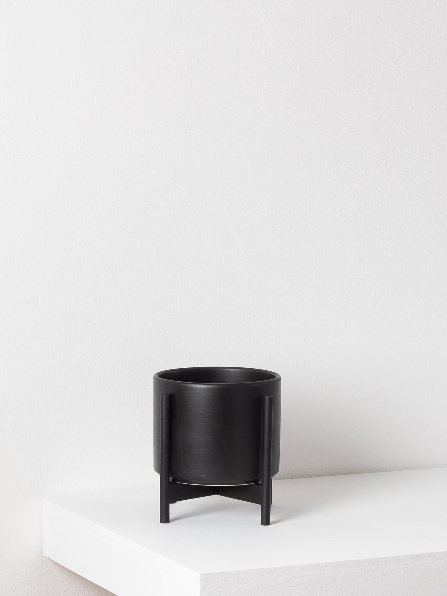 Ceramic Planter - The Eight - Black Mid-Century Ceramic & Black Wood Stand 