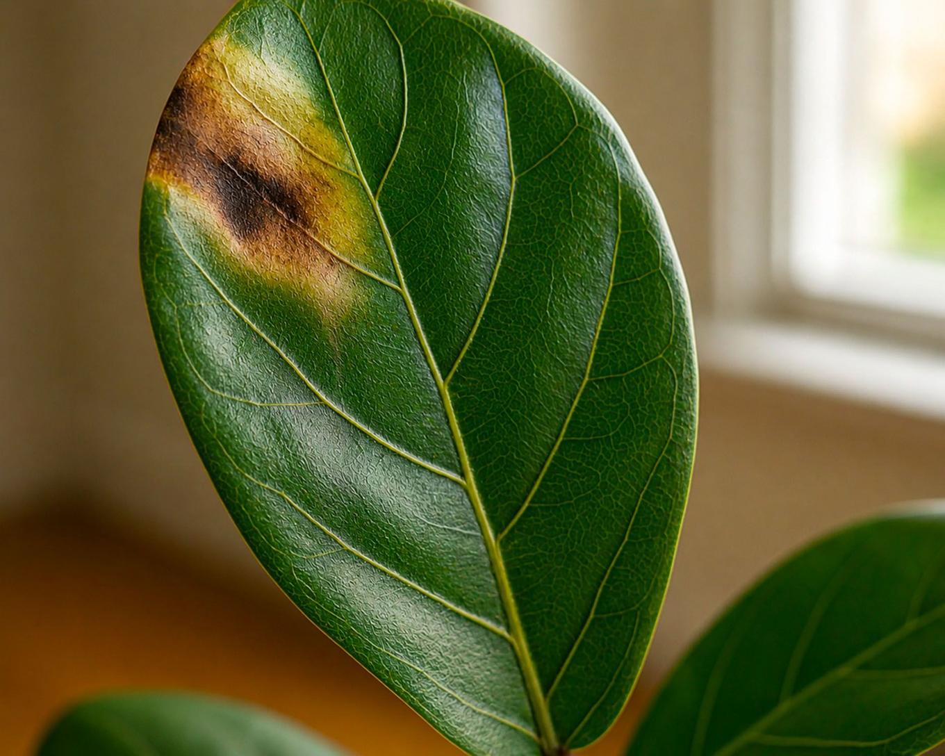 brûlure de soleil sur une feuille d'un ficus