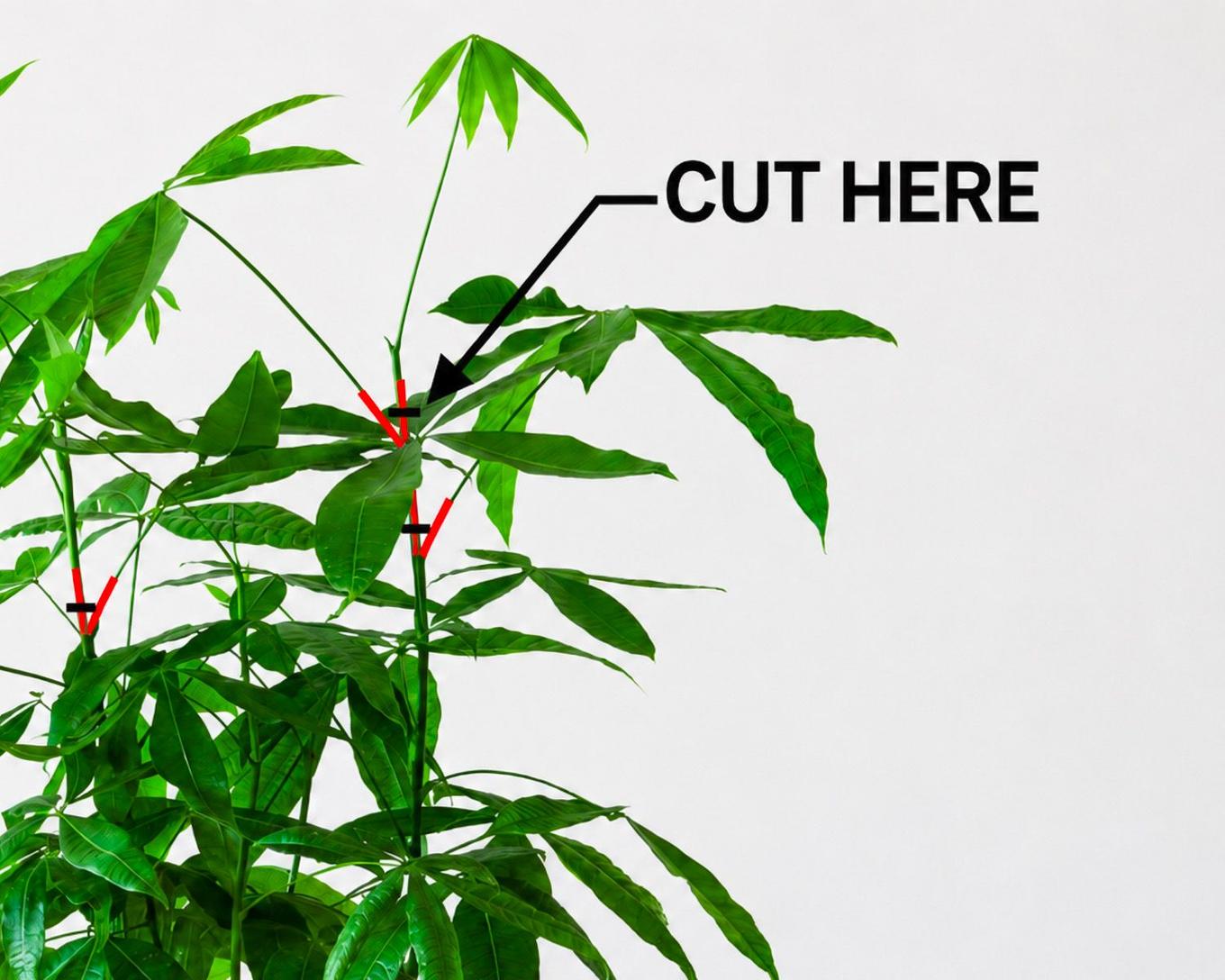 Details on pruning the pachira, the “eye,” and the section to thicken the trunk