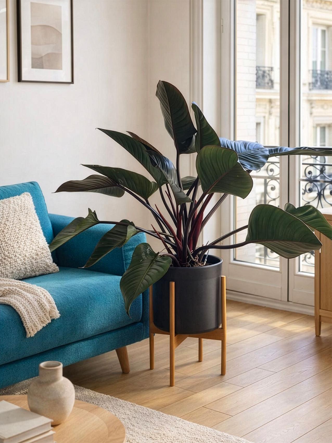 Meilleure plante d'intérieur pour le Bélier - Philodendron Red Beauty dans un intérieur moderne